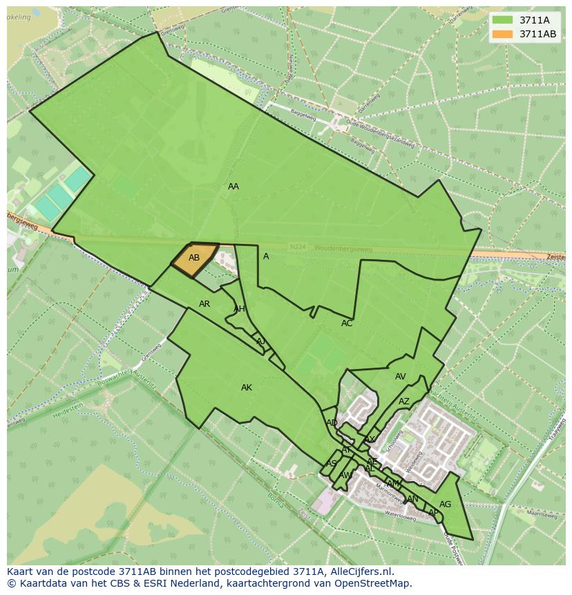 Afbeelding van het postcodegebied 3711 AB op de kaart.
