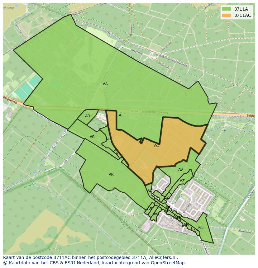 Afbeelding van het postcodegebied 3711 AC op de kaart.