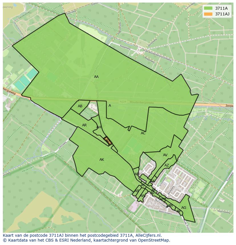 Afbeelding van het postcodegebied 3711 AJ op de kaart.