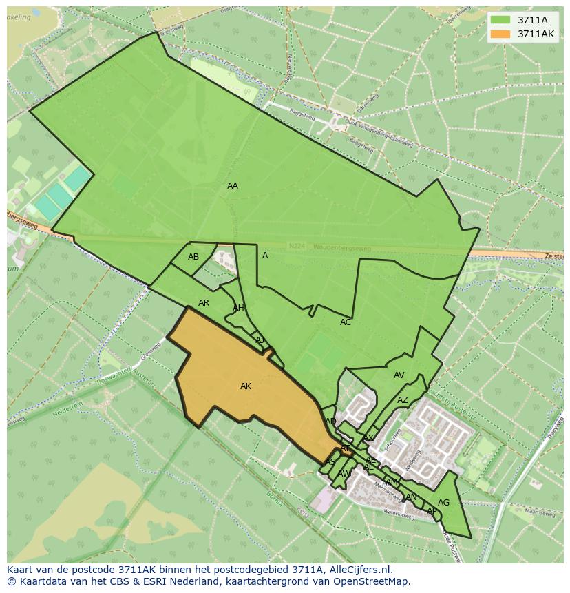 Afbeelding van het postcodegebied 3711 AK op de kaart.