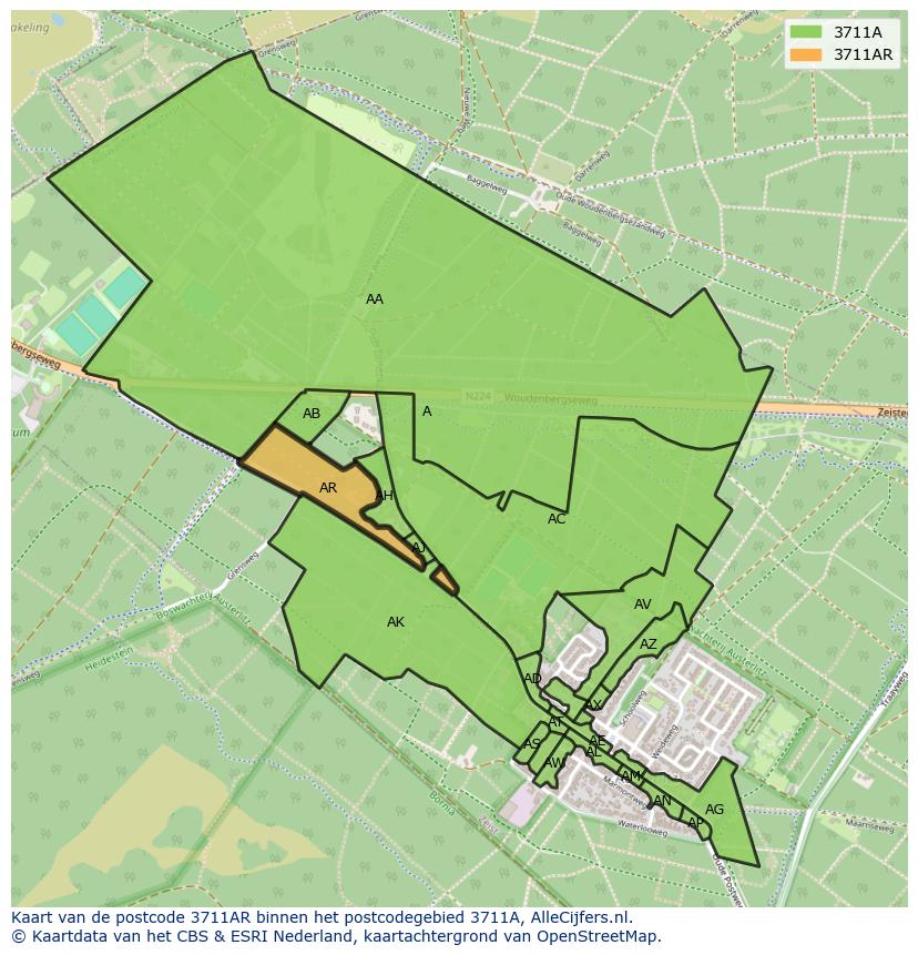 Afbeelding van het postcodegebied 3711 AR op de kaart.