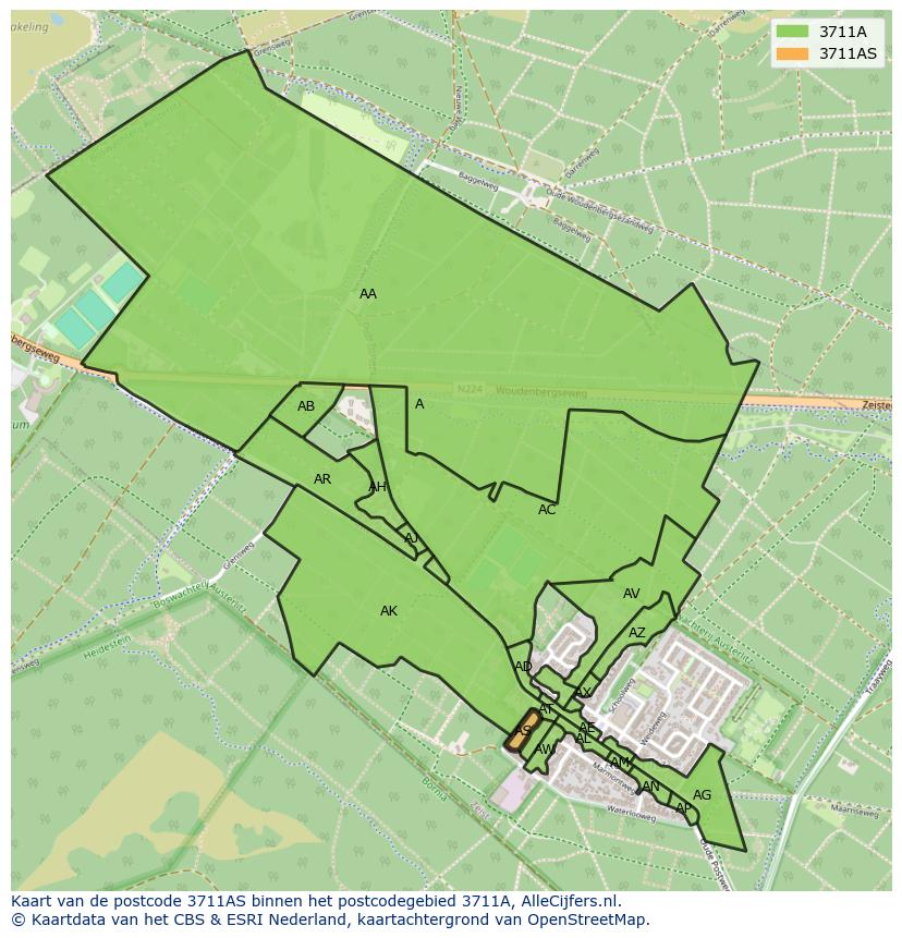 Afbeelding van het postcodegebied 3711 AS op de kaart.