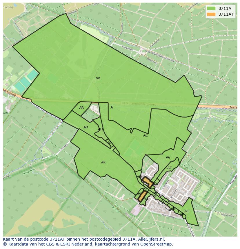 Afbeelding van het postcodegebied 3711 AT op de kaart.