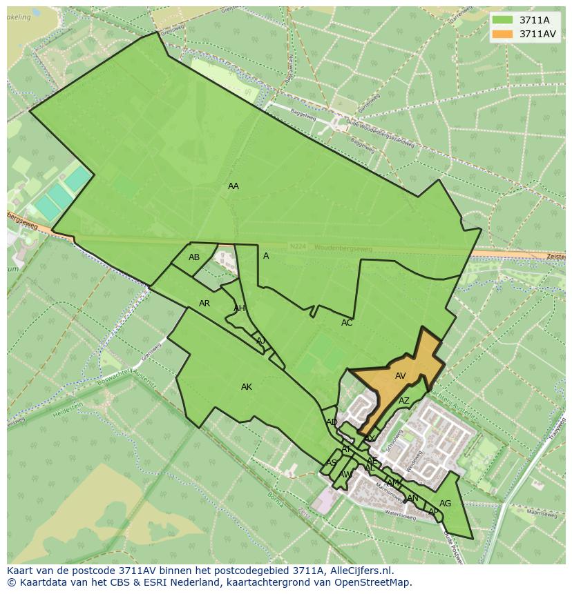 Afbeelding van het postcodegebied 3711 AV op de kaart.