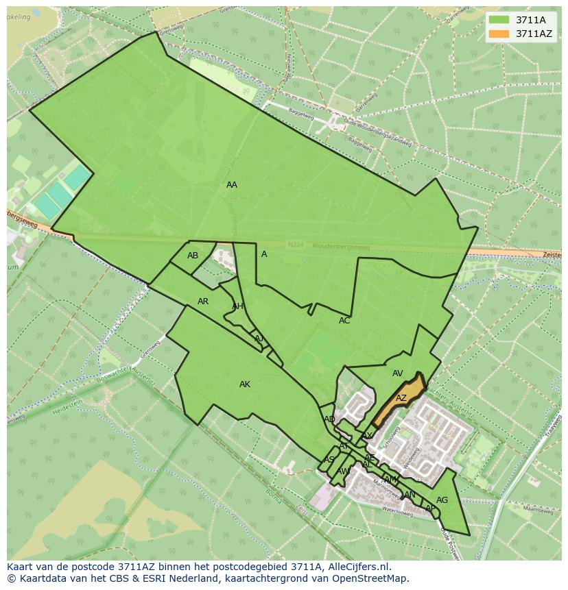 Afbeelding van het postcodegebied 3711 AZ op de kaart.