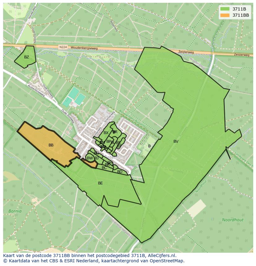 Afbeelding van het postcodegebied 3711 BB op de kaart.