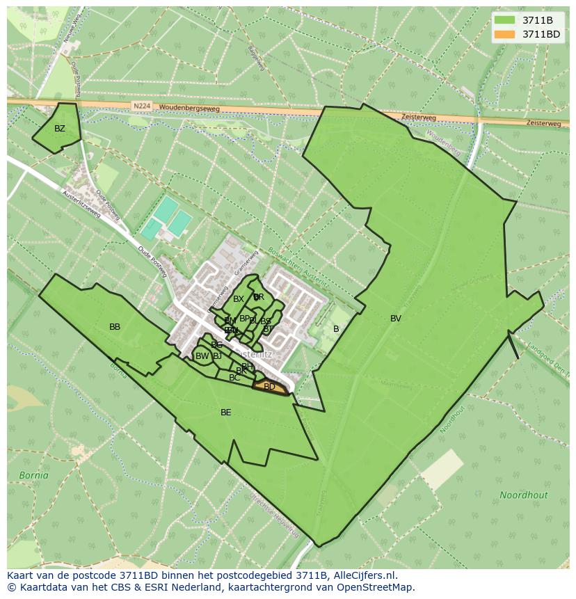 Afbeelding van het postcodegebied 3711 BD op de kaart.