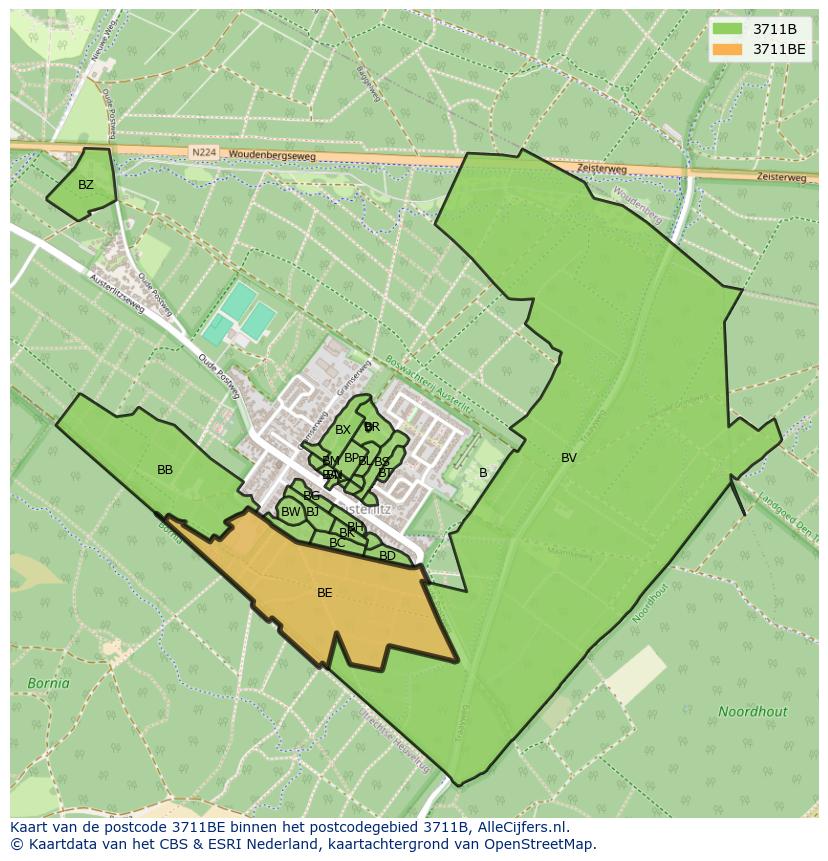 Afbeelding van het postcodegebied 3711 BE op de kaart.