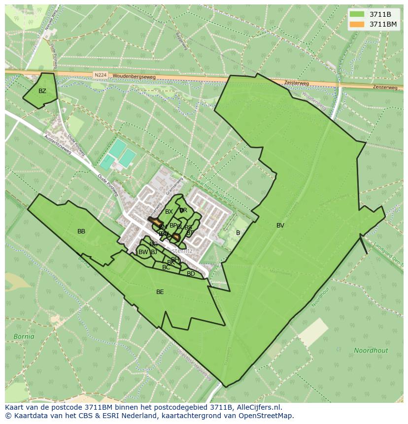Afbeelding van het postcodegebied 3711 BM op de kaart.