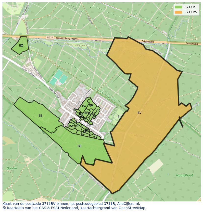 Afbeelding van het postcodegebied 3711 BV op de kaart.