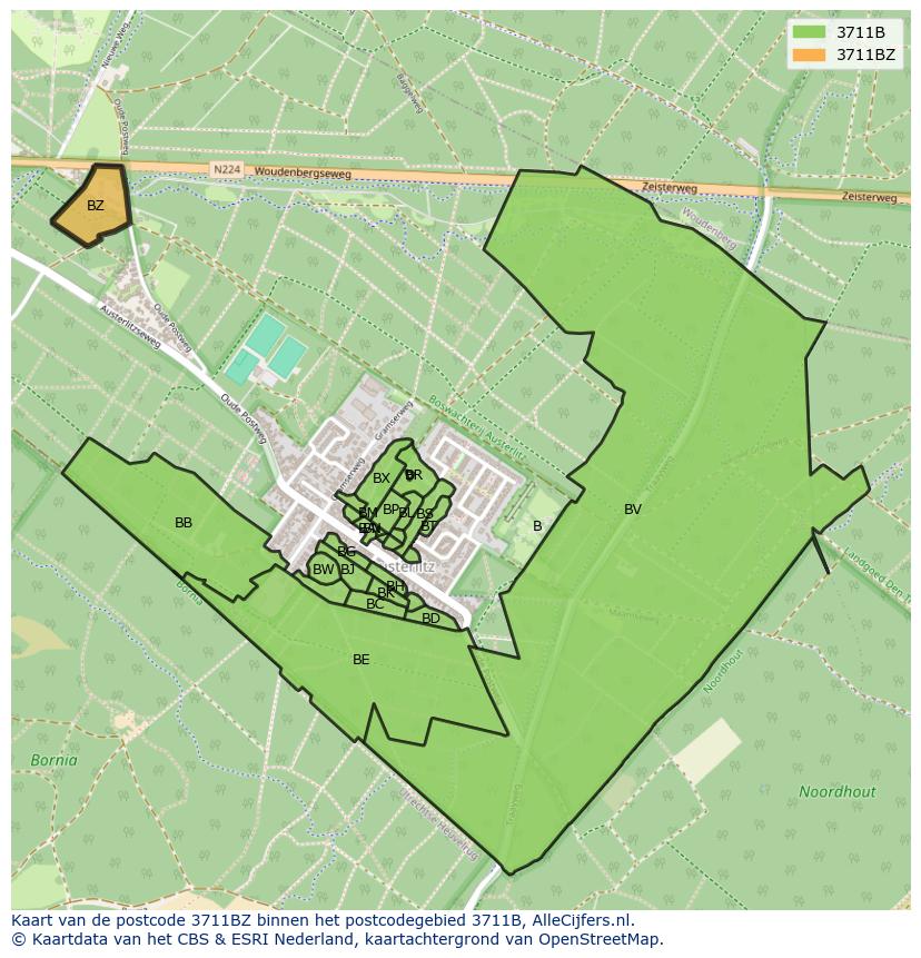 Afbeelding van het postcodegebied 3711 BZ op de kaart.