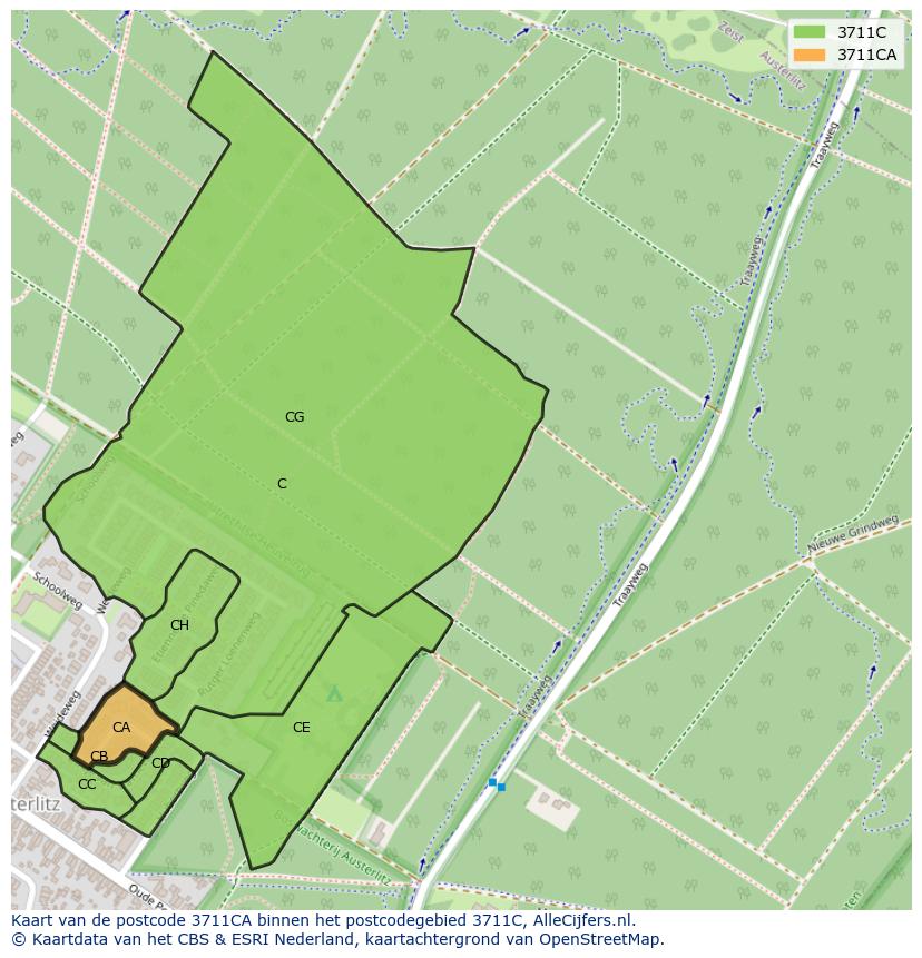 Afbeelding van het postcodegebied 3711 CA op de kaart.