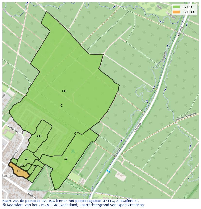 Afbeelding van het postcodegebied 3711 CC op de kaart.
