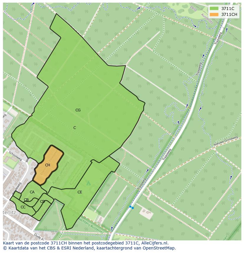 Afbeelding van het postcodegebied 3711 CH op de kaart.