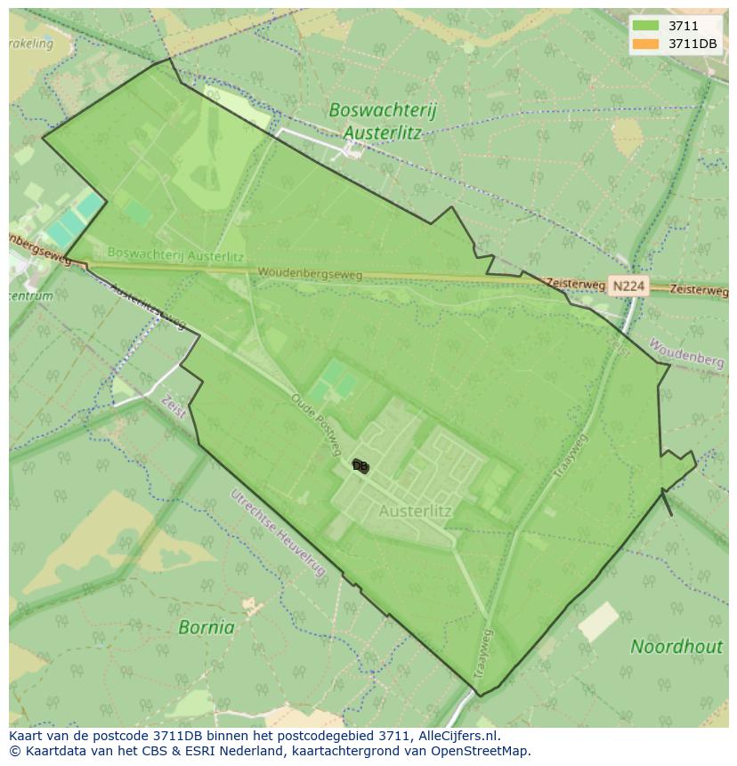 Afbeelding van het postcodegebied 3711 DB op de kaart.