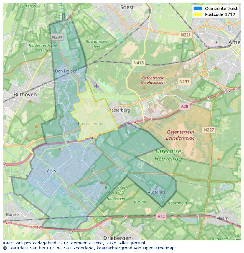 Afbeelding van het postcodegebied 3712 op de kaart.