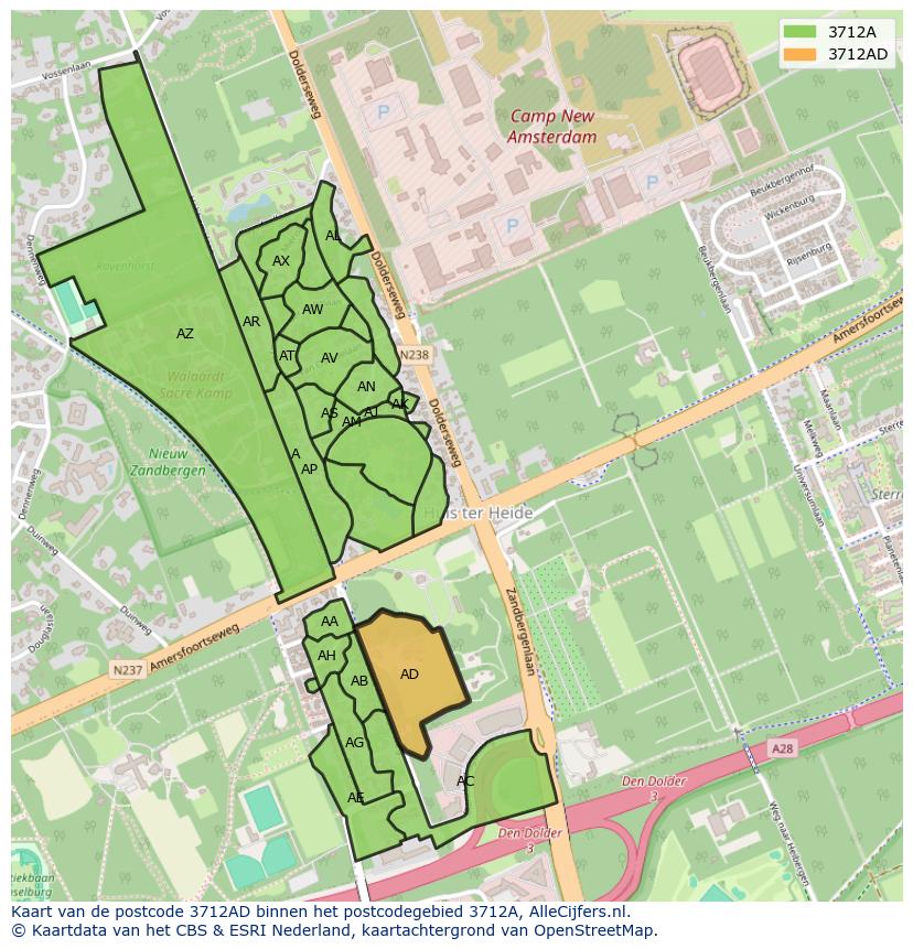 Afbeelding van het postcodegebied 3712 AD op de kaart.