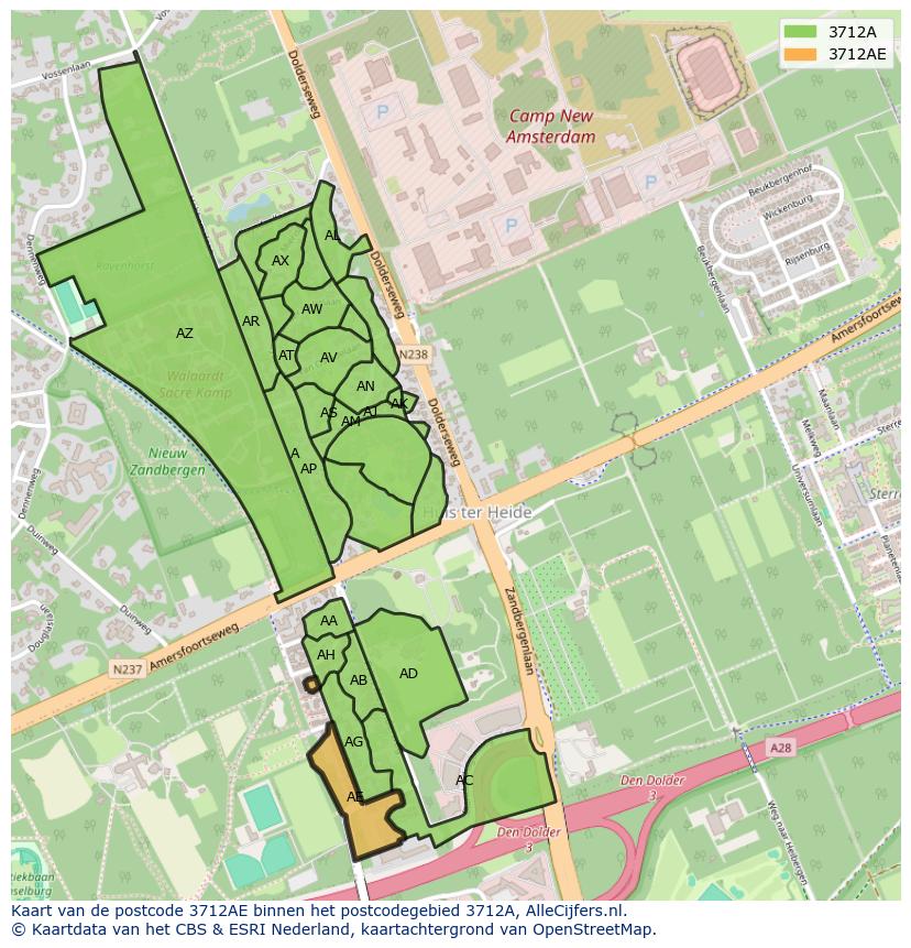 Afbeelding van het postcodegebied 3712 AE op de kaart.