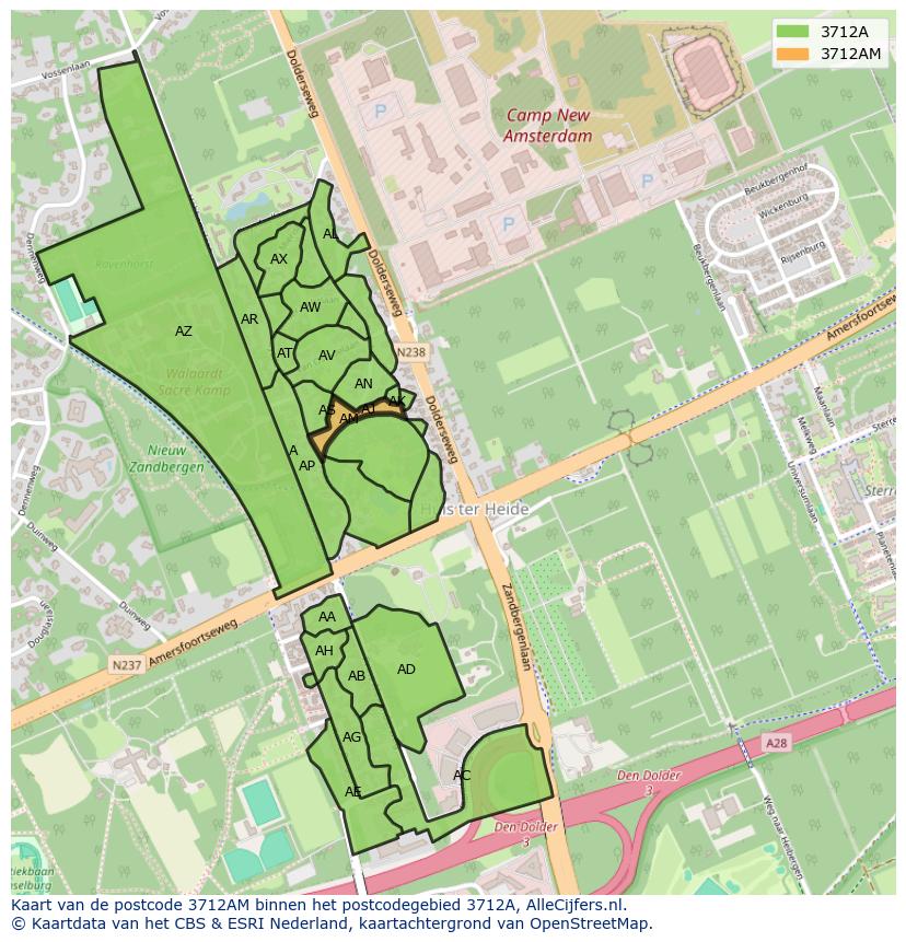 Afbeelding van het postcodegebied 3712 AM op de kaart.