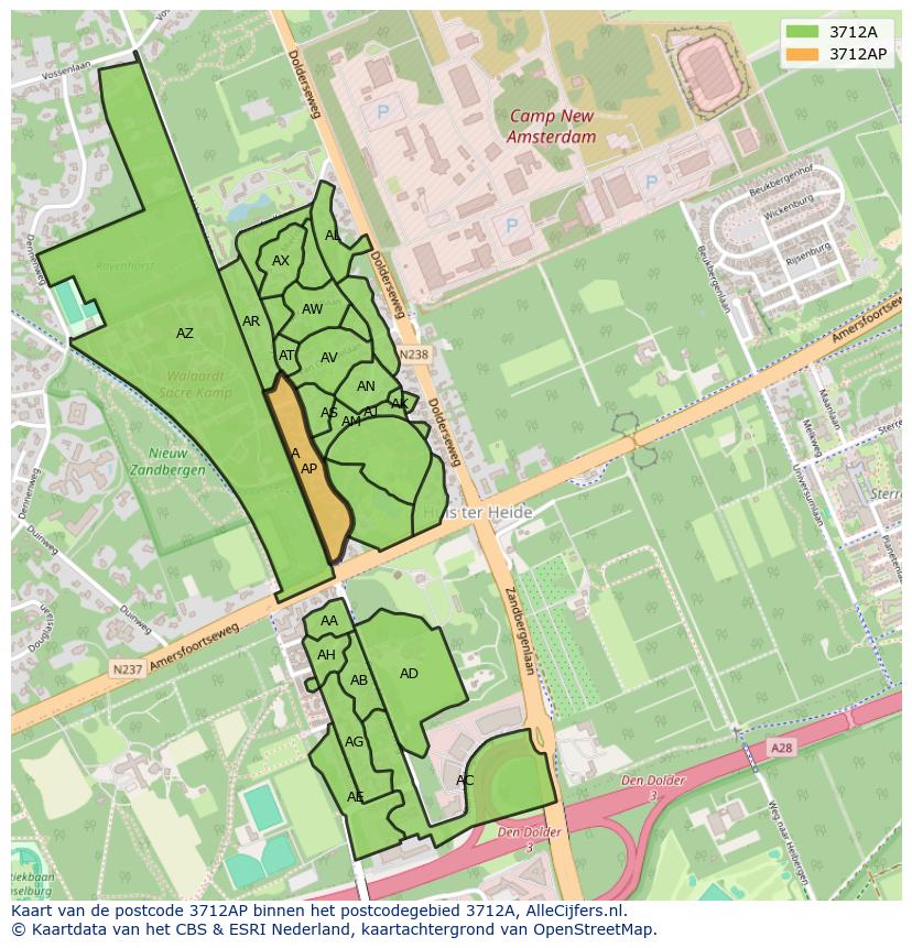Afbeelding van het postcodegebied 3712 AP op de kaart.