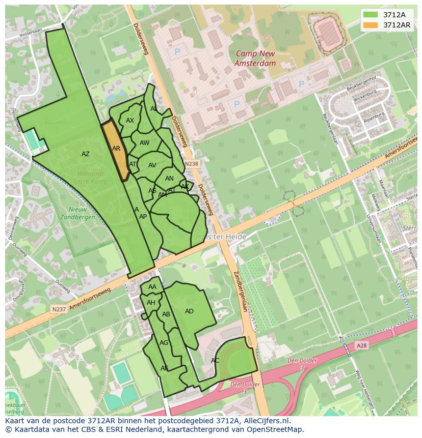 Afbeelding van het postcodegebied 3712 AR op de kaart.