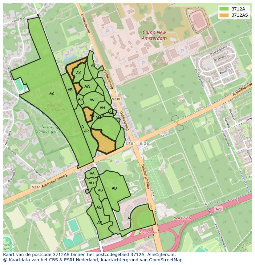 Afbeelding van het postcodegebied 3712 AS op de kaart.