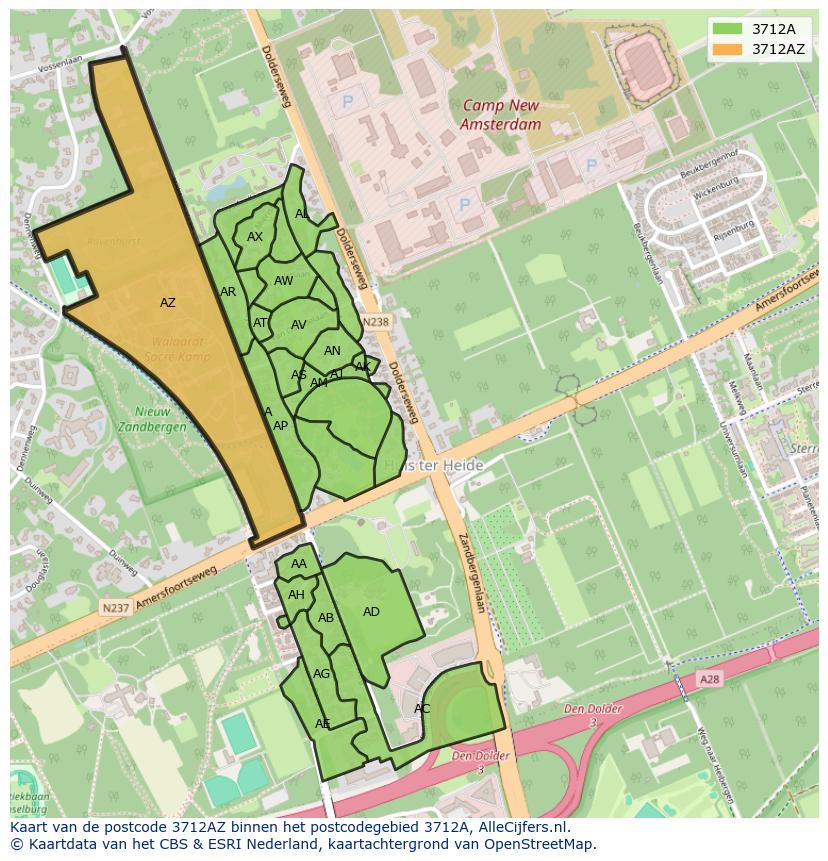 Afbeelding van het postcodegebied 3712 AZ op de kaart.