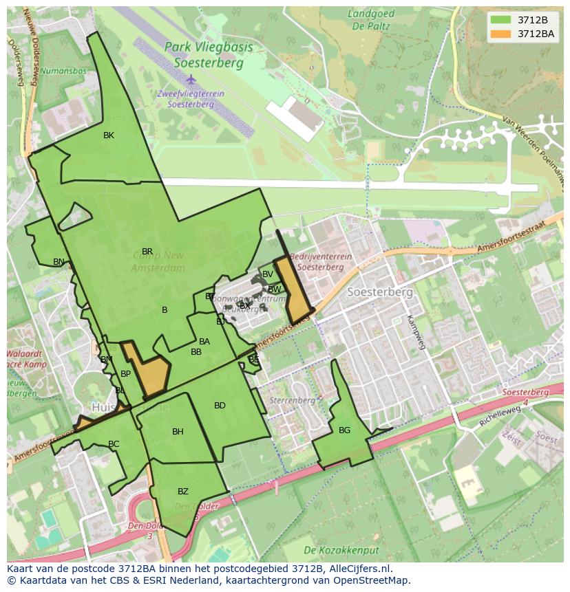Afbeelding van het postcodegebied 3712 BA op de kaart.