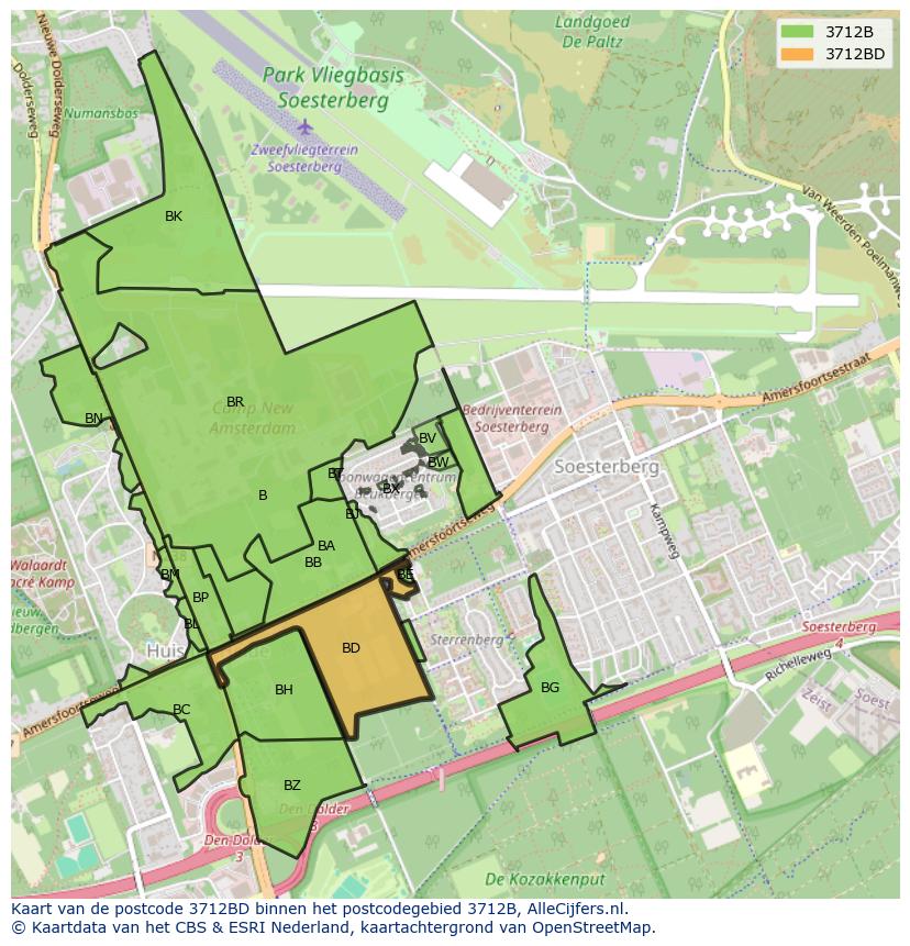 Afbeelding van het postcodegebied 3712 BD op de kaart.