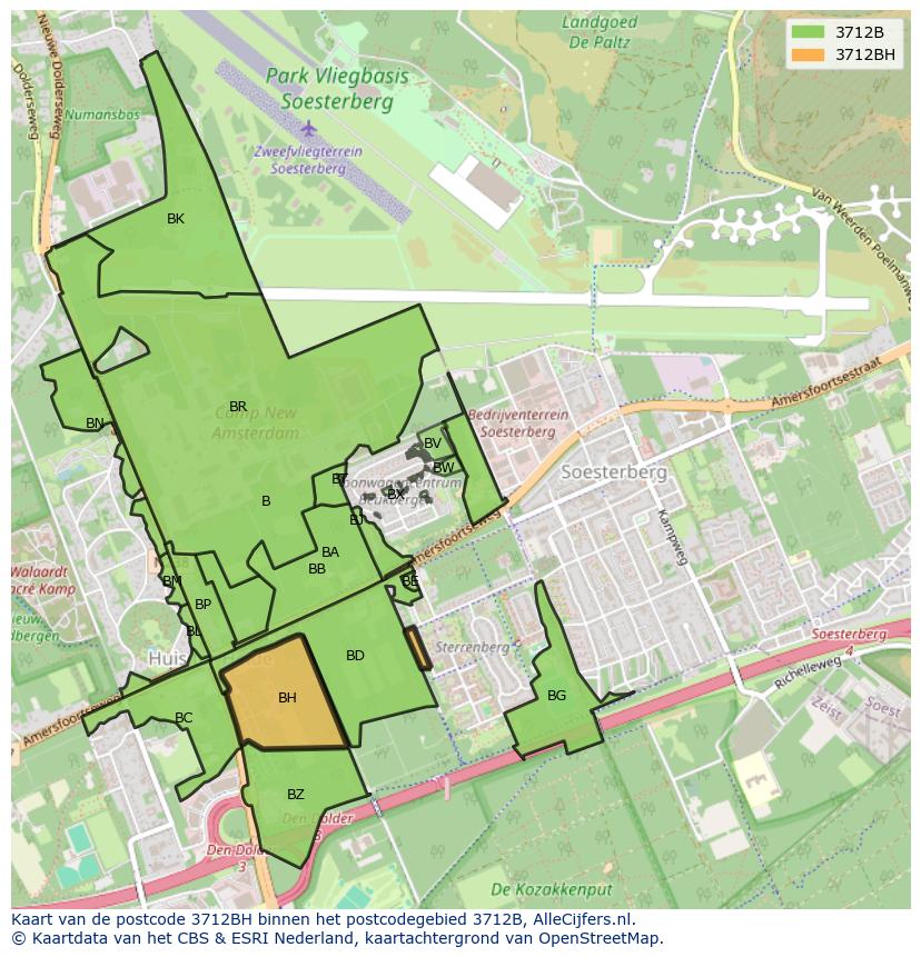 Afbeelding van het postcodegebied 3712 BH op de kaart.