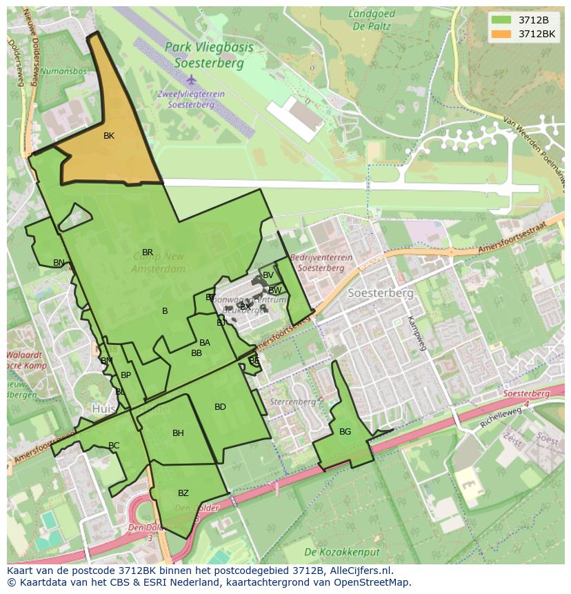 Afbeelding van het postcodegebied 3712 BK op de kaart.