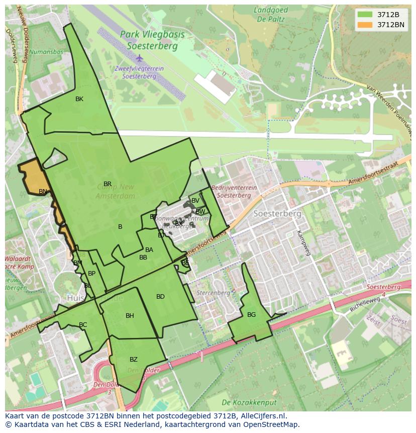 Afbeelding van het postcodegebied 3712 BN op de kaart.