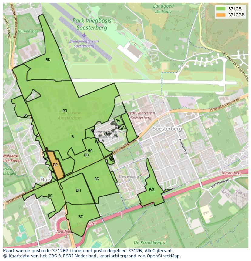 Afbeelding van het postcodegebied 3712 BP op de kaart.
