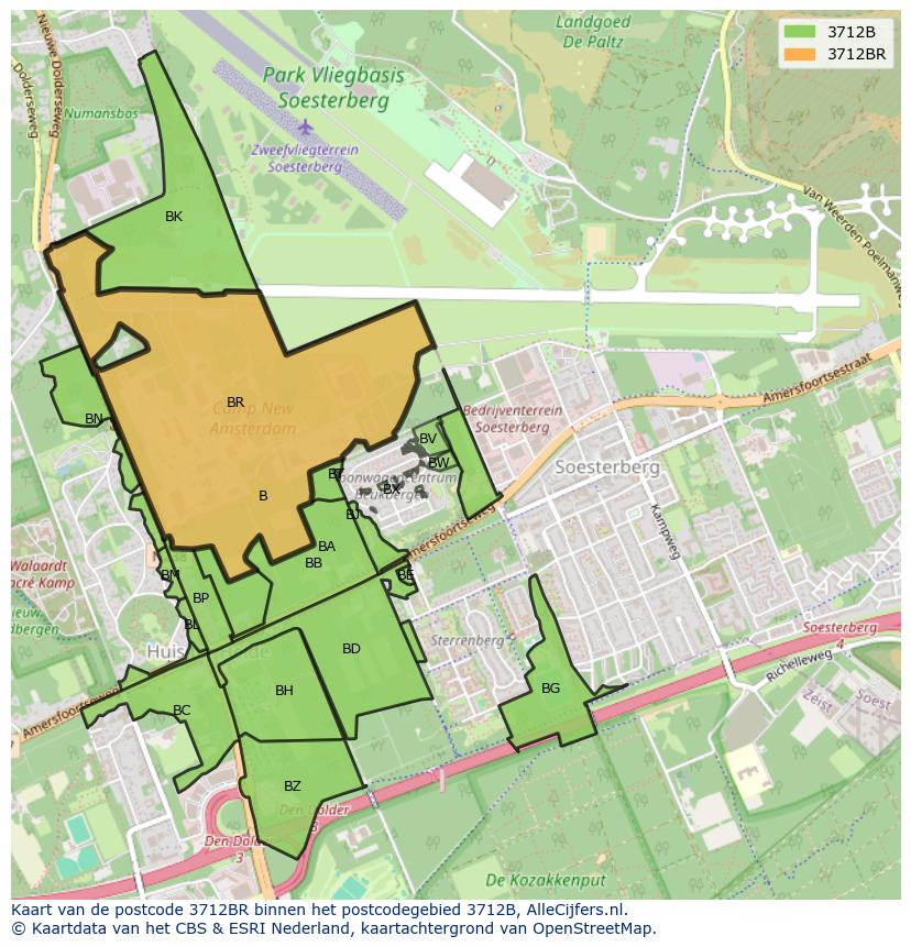 Afbeelding van het postcodegebied 3712 BR op de kaart.