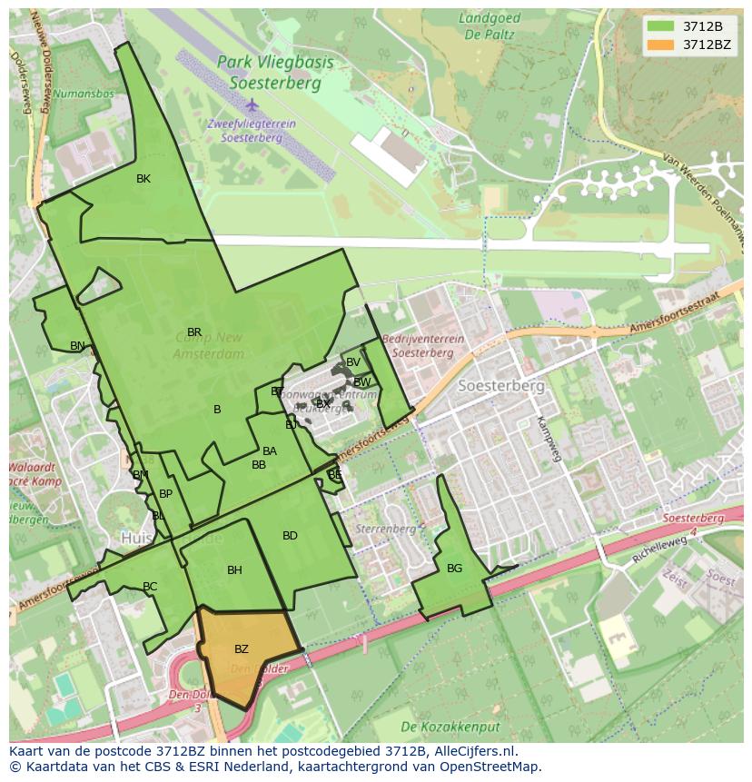 Afbeelding van het postcodegebied 3712 BZ op de kaart.
