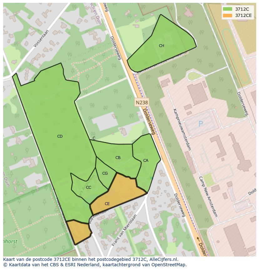 Afbeelding van het postcodegebied 3712 CE op de kaart.