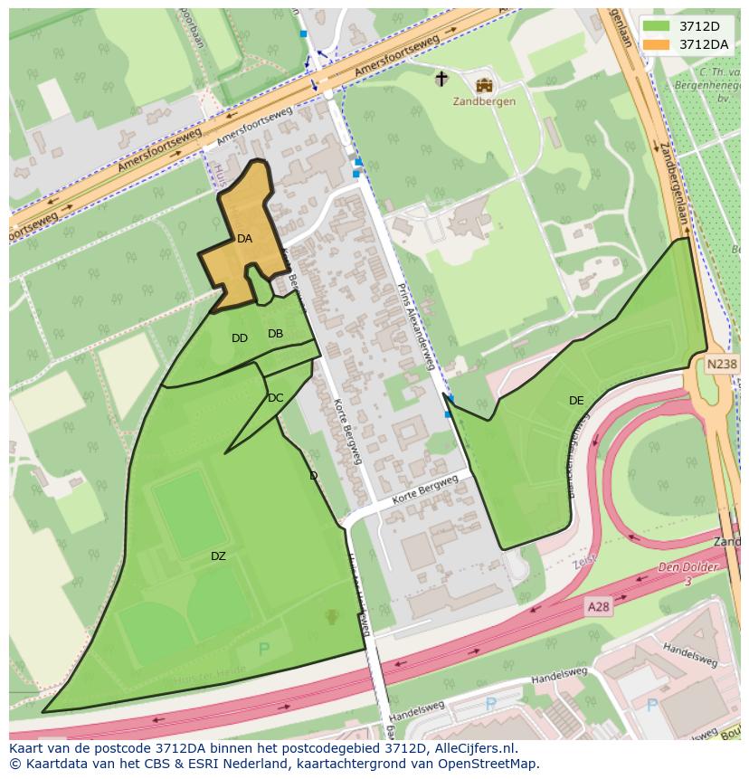Afbeelding van het postcodegebied 3712 DA op de kaart.