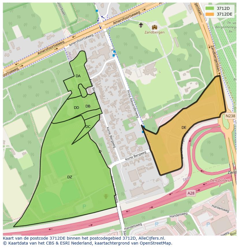 Afbeelding van het postcodegebied 3712 DE op de kaart.
