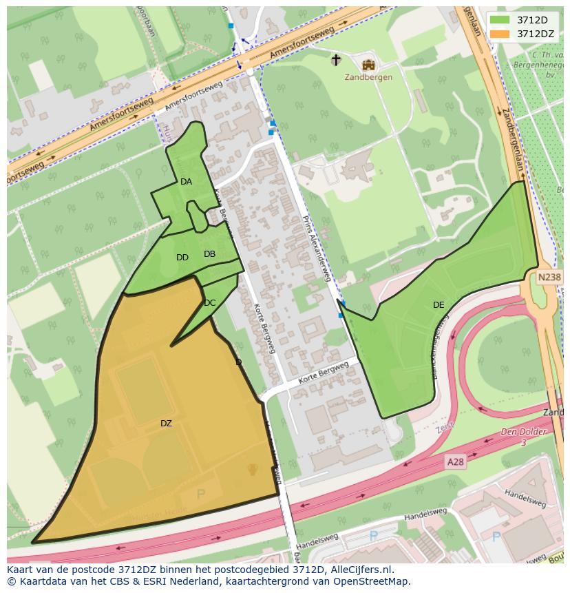 Afbeelding van het postcodegebied 3712 DZ op de kaart.