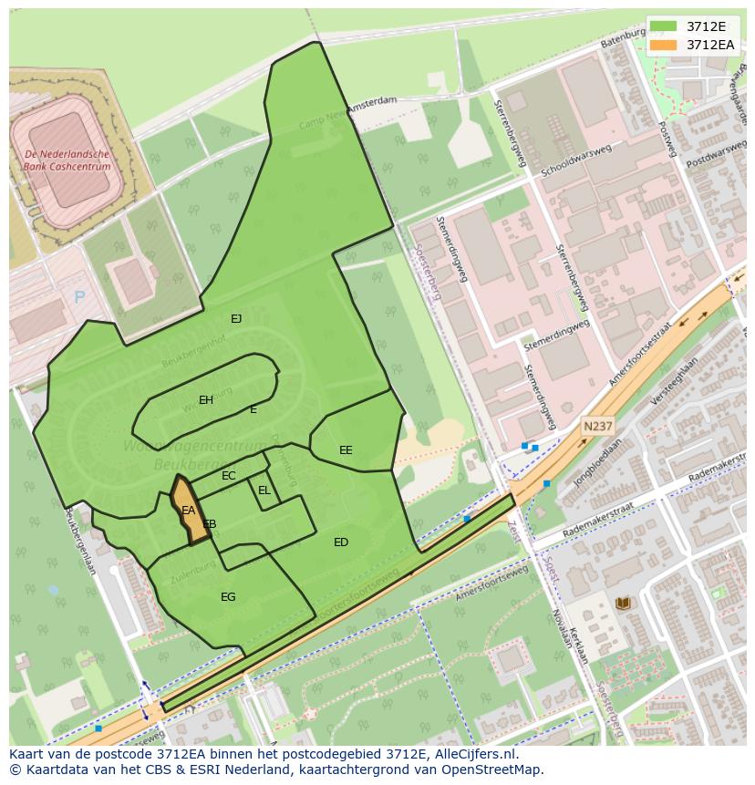Afbeelding van het postcodegebied 3712 EA op de kaart.