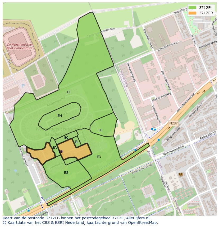Afbeelding van het postcodegebied 3712 EB op de kaart.