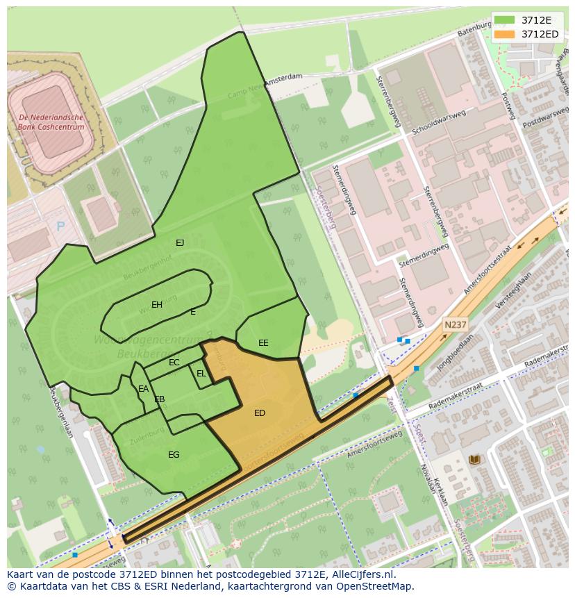 Afbeelding van het postcodegebied 3712 ED op de kaart.