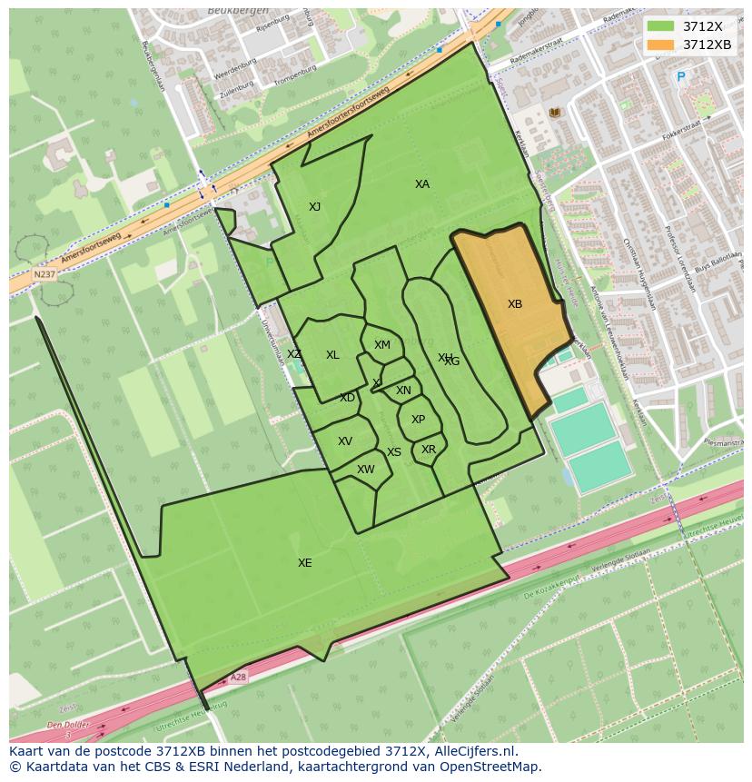 Afbeelding van het postcodegebied 3712 XB op de kaart.