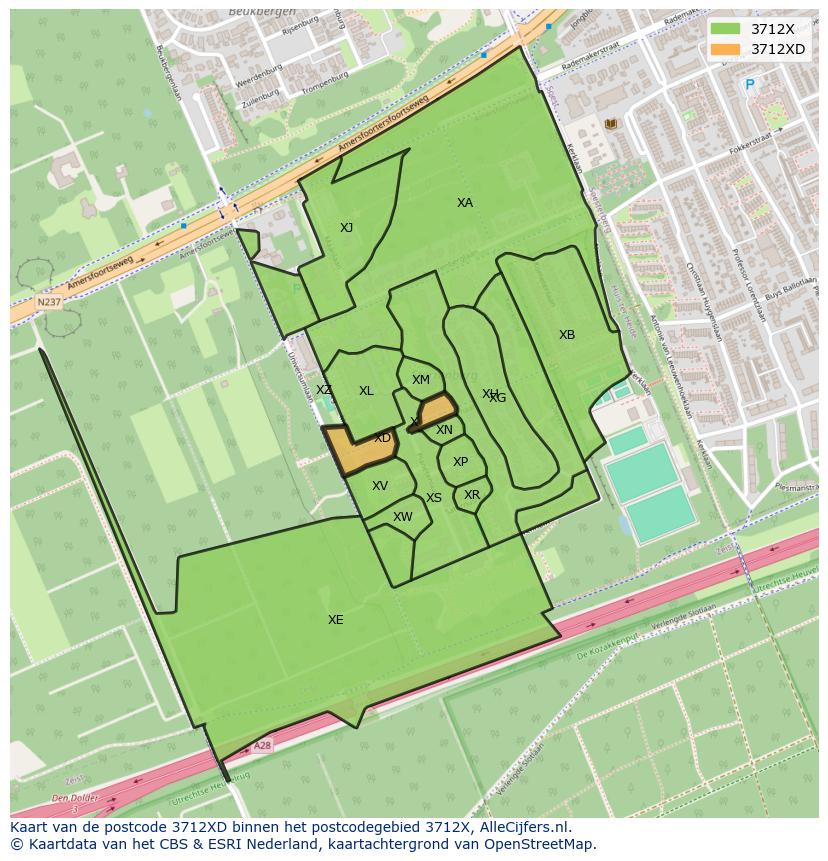 Afbeelding van het postcodegebied 3712 XD op de kaart.