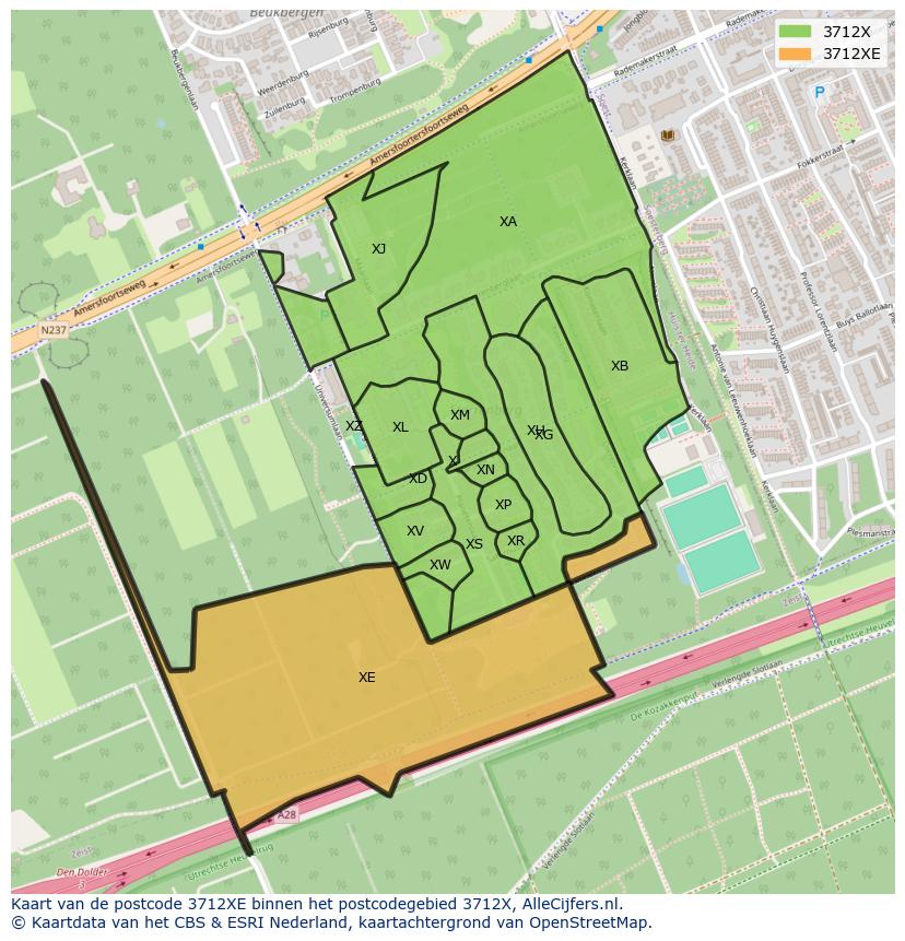 Afbeelding van het postcodegebied 3712 XE op de kaart.