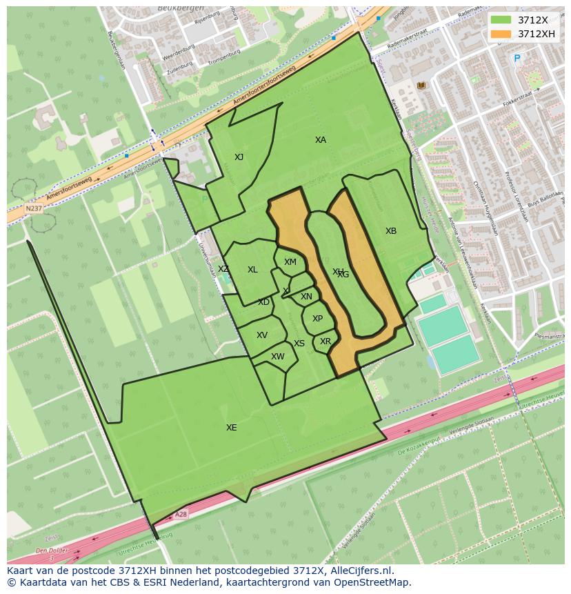 Afbeelding van het postcodegebied 3712 XH op de kaart.
