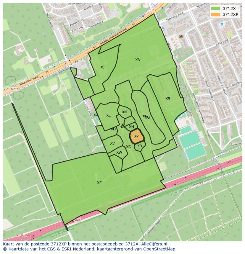 Afbeelding van het postcodegebied 3712 XP op de kaart.