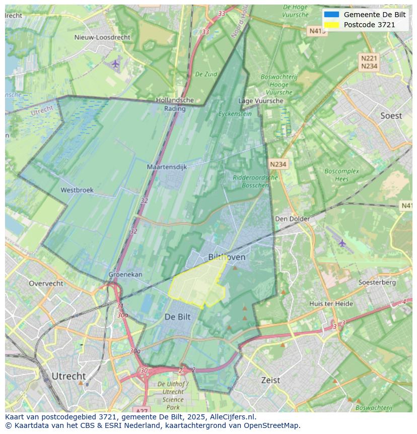 Afbeelding van het postcodegebied 3721 op de kaart.