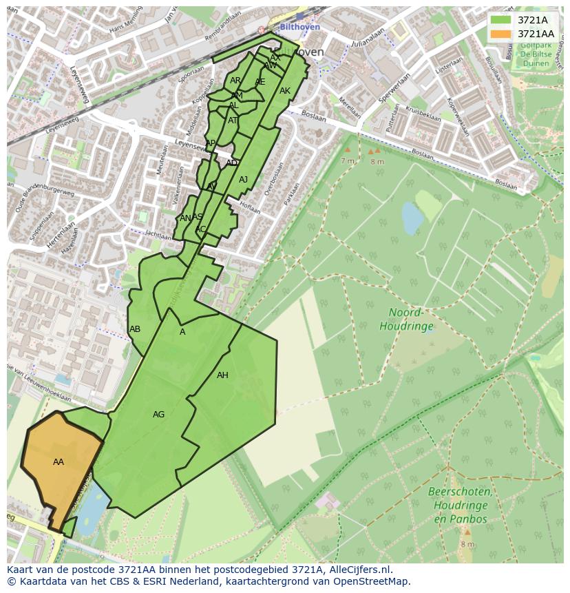 Afbeelding van het postcodegebied 3721 AA op de kaart.