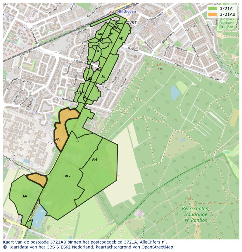 Afbeelding van het postcodegebied 3721 AB op de kaart.